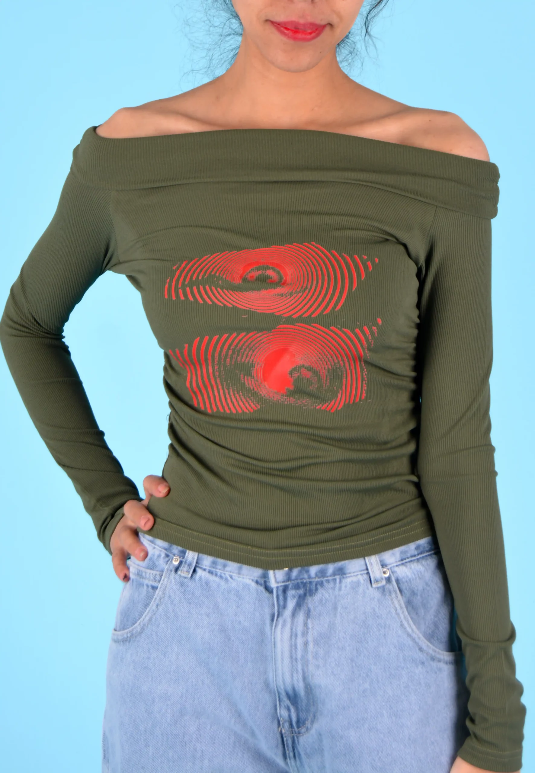 Khaki Off-the-Shoulder Top with Red Print