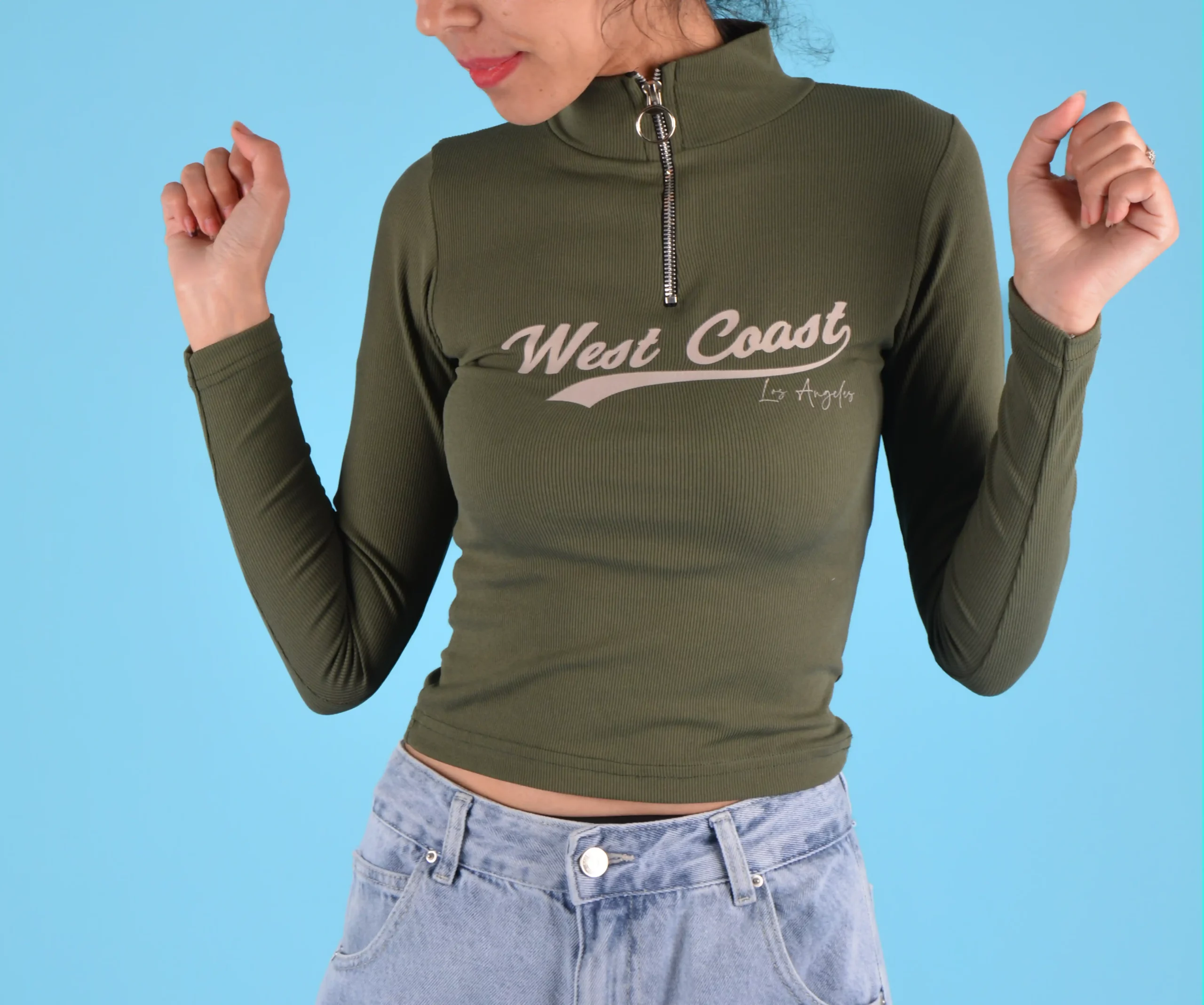 Khaki West Coast Ribbed Top with Zip Closure