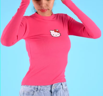 Pink Long-Sleeved T-Shirt with Hello Kitty Motif