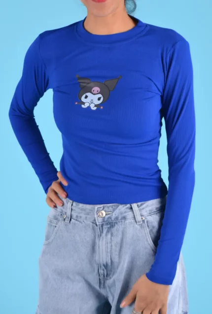 Blue Long-Sleeved T-Shirt with Kuromi Pattern