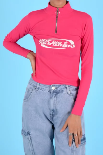 High-neck zip-up top – Fuchsia pink