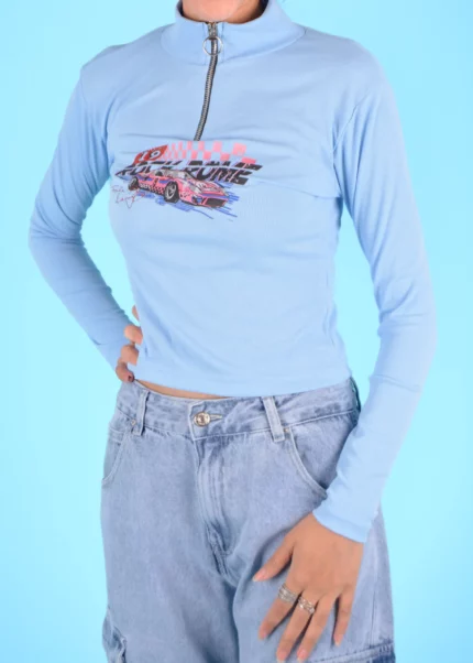 Blue Racing Vibes Zip-Up Top – Retro Sporty Feel