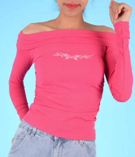 Pink Off-the-Shoulder Top – Tribal Butterfly Detail
